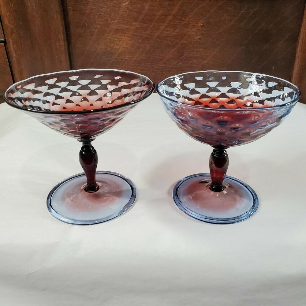 2 Handblown Diamond Optic Blue Red Champagne Coupes quilted footed sherbet